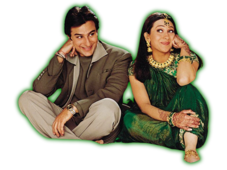 Youngest Son Vinod, wearing a suit, with his lover in the film, Sapna, who is wearing an green Indian women's wear and heavy indian jewellry.